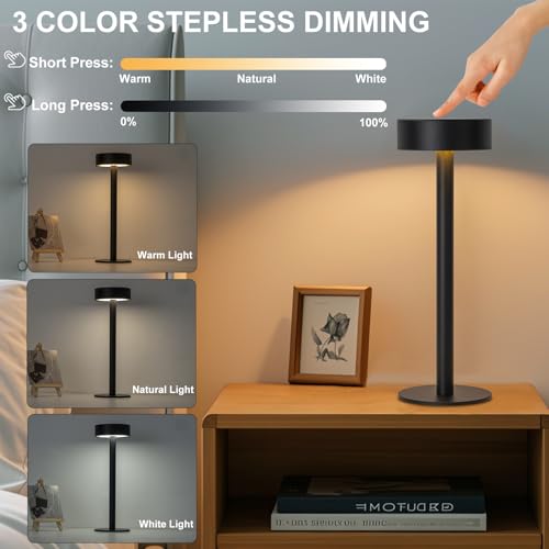 Briever Cordless Table Lamp, Rechargeable Battery Operated Lamp with 3 Colors Stepless, Dimmable LED Desk Lamp for Restaurant, Portable Touch Lamp for Living Room, Bedroom, Patio, Camping (Black) - Image 3