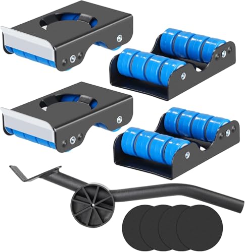 Furniture Transport Roller Set, Furniture Lifter Mover Tool with 4 Metal Sliders and Pry Bar, Upgrade Moving Wheels for Easy Moving for Appliance Sofa Bed Fridge Washer 350kg Load Capacity