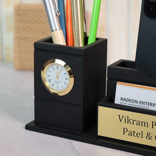Image of Deskart Customized Pen Holder with Clock & Business Visiting Card Holder | Premium Stylish Office Stationary Organizer for Desk