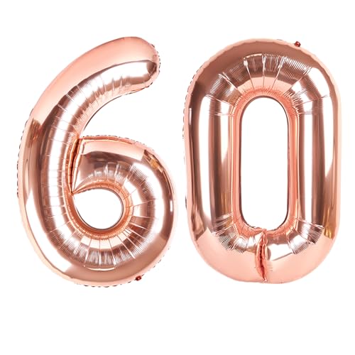 Image of 60 Balloon 40 inch Rose Gold Number Balloons for 60th Birthday Decoration | Saturated Color, Large 40 in, With Straw & Hanging Hole, For Back-to-School Season, Wedding, Christmas, New Year, Anniversary