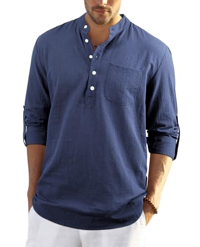 Photo de Enlision Chemise en Lin Haze Blue pour Homme Solid Manches Longues Slim Fit Chemise à Manches Vintage Ample de Plage Classique L