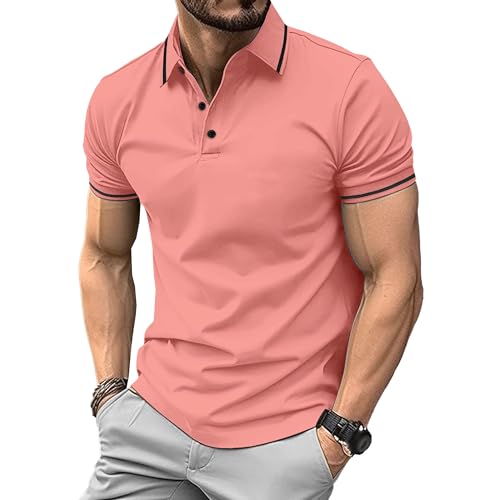 Men Quarter Button Rib Street Shirts Classic Henry Neck Sports Polo Shirt Summer Slim Exercise Training Pullover (Light Red,Medium)