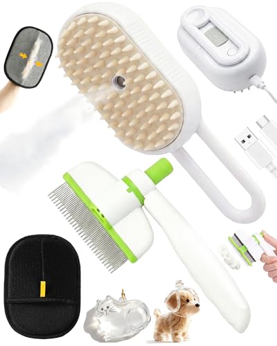 Cat Steam Brush for Shedding 4 in 1 Pet Rechargeable Spray Hair Removal Comb for Indoor Cats with Pets 360-Degree Rotatable Flea Comb Grooming Supplies Suitable for All Long-haired and Short-haired