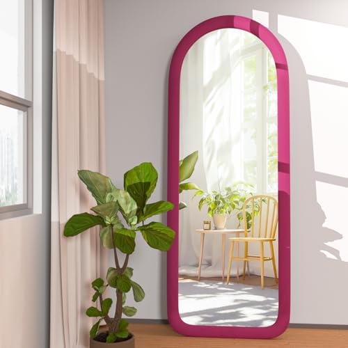NEUWEABY Full Length Mirror 56"x20" Arch Floor Mirror with Stand Arched Full Body Mirror Standing Hanging or Leaning Against Wall for Bedroom Flannel Wrapped Wooden Frame Pink