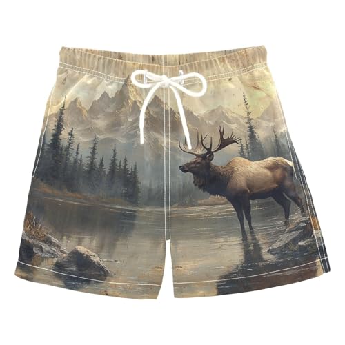 Aflyko Boys Board Shorts Elk Forest Lake Mountain Fashion Youth Swim Shorts, Relaxed Fit for Beach Holidays and Pool Parties, X-Large Multicolor