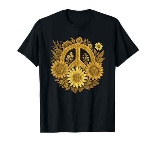 Boho Peace Sign con girasoles y margaritas Camiseta