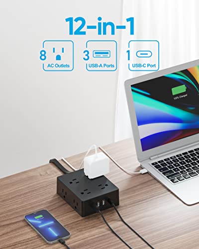 Surge Protector Power Strip 10 ft Cord, Olcorife Ultra Thin Flat Plug Extension Cord, 8 Outlets 4 USB Ports(1 USB C), Flat Wall Plug Outlet Extender, College Dorm Room Essentials, Black - 3