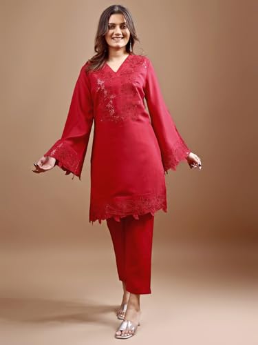 Womanista Women's Silk Blend Solid Regular Set (Co-Ords_9062_Red_M)