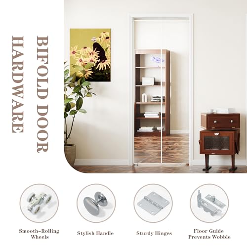 Image of Bifold Door for 24 inchx80 inch Opening, Preassembled Aluminum Alloy Mirrored Folding Door with Hardware Kit Included, Interior Bi fold Barn Door for Bedroom & Closet, White