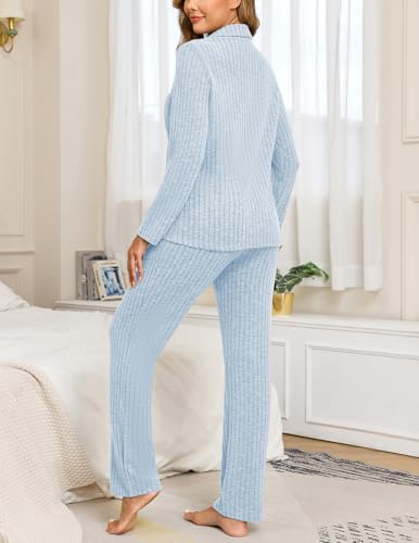 Image of Veseacky Women's Ribbed Knit Pajamas Set 2 Piece Warm Soft Loungewear Sleepwear Pjs S-XXL