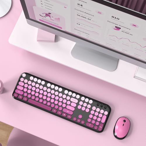 Image of Wireless Keyboard Mouse Combo - Lovely Blackpink-Gradient Rainbow Full-Sized Typewriter Colorful Keyboards, Round Keycap Plug Play Retro Cute Keyboards for Windows, Laptop, PC, Desktop, Computer