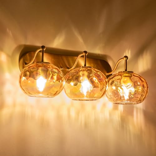 Image of 23 inch Brushed Gold Vanity Light Stained Amber Hammered Glass Wall Sconce 3-Light Brass Wall Lamp for Hallway Living Room Stairwell Bathroom Over Mirror