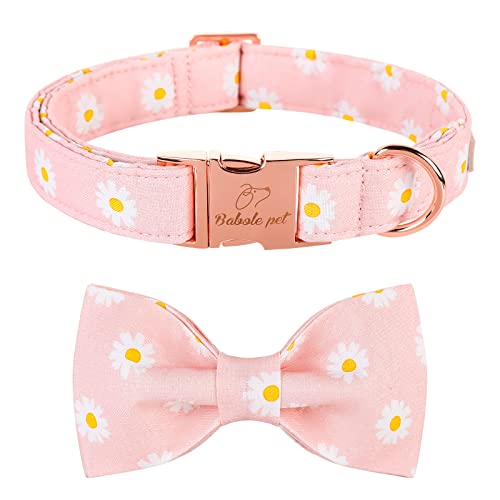 Babole Pet Daisy Dog Collar with Bow Tie, Elegant Spring Flower Bowtie Dog Collar, Durable Adjustable Cotton Pet Collar for Small Medium Large Dogs M