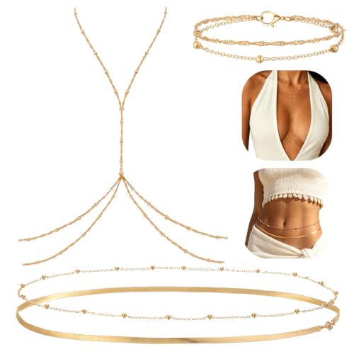 4 Pcs Gold Body Chains Belly Waist Chain Anklets for Women with Storage Box, Summer Jewelry Accessories for Women