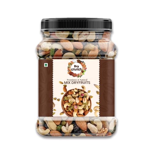 Image of DRY CRUNCH Natural Premium Mix Dry Fruits | Absolute Health Dry Fruits | Mix of 6 Healthy Superfoods Almonds, Cashews, Raisins, Apricots, Kiwi, Dates Reusable Jar 1kg