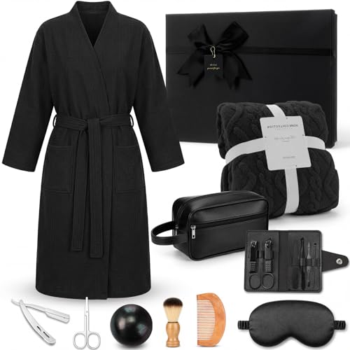 Cuffbow 11 Pcs Birthday Gifts for Men Father Gifts Get Well Care Package with Waffle Robe, Blanket, Beard Grooming Kit, Toiletry Bag Gift for Dad Husband Boyfriend(Black)