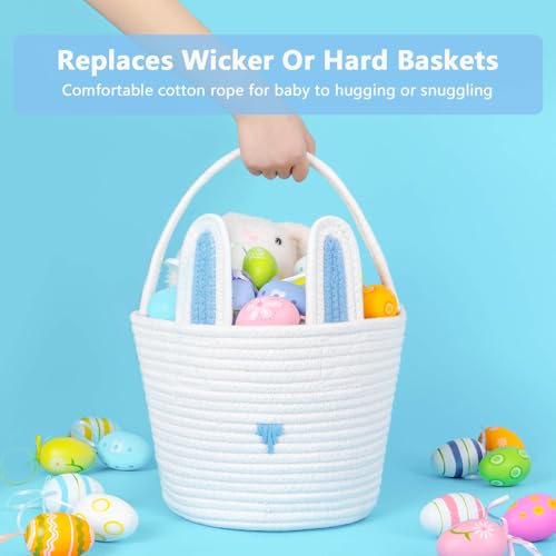Image of CubesLand Easter Basket for Boys Girls Easter Bunny Basket with Rabbit Ears, Easter Egg Hunting Basket Easter Baskets for Children Kids Babies First Easter Gifts Blue White 9.8 x 7.8 x 7.8 inch