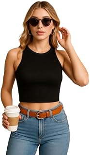Women's Sleeveless Ribbed Crop Top, Black, High Neck, Casual Summer Tank-picture-15