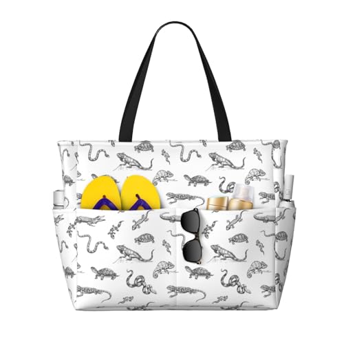 Large Beach Bags Water-resistant Sandproof - Lizard Snake Turtle Crocodile Cute Beach Tote Bags for Women with Zipper