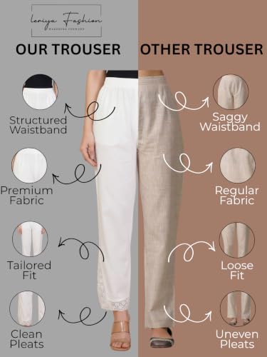 Image of Leriya Fashion Trousers for Women | Cotton Ethnic Palazzo Pants with Lace Embroidery | Elastic Waist Wide Leg Casual Women Trousers | Comfortable Summer Woman Trouser Pants
