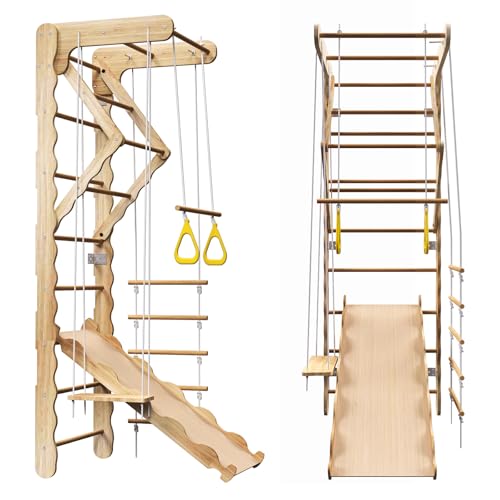 5-in-1 Indoor Playground Swedish Ladder Jungle Gym with Swing,Pull-Up Bar,Rope Ladder,Climbing Wall,Slide and Gymnastic Rings for Kids Ages 4-8