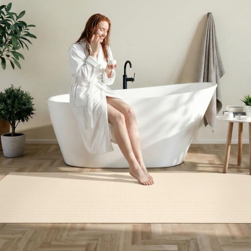 Image of Waffle 2x8ft Runner Rug for Hallway: Extra Long Absorbent Bath Mat, Beige | Washable Non Slip Kitchen Rug, Bathroom Laundry Bedside, Soft Quick Dry Throw Carpet, Modern Farmhouse Home Decor