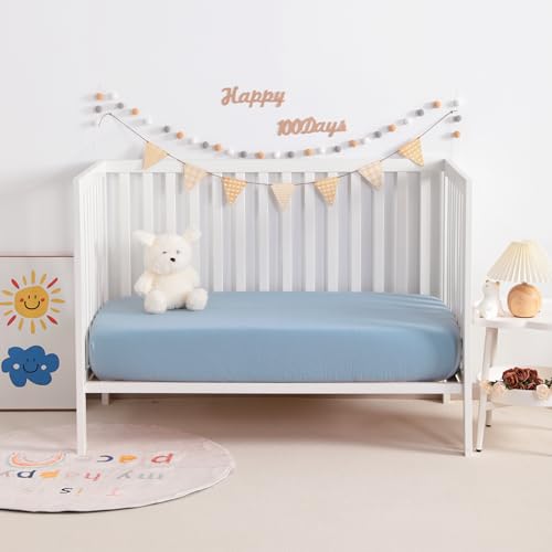 Image of NTBAY 2 Pack Muslin Cotton Crib Sheets, Soft and Breathable Double Layer 28x52 Baby Crib Sheets for Standard Crib and Toddler Mattresses, Boys, Girls, Unisex, Sky Blue, 28x52 Inches
