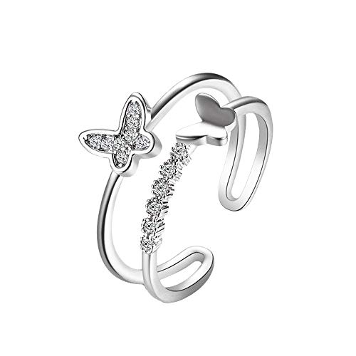 Flzaitian Gold Silver Rose Gold Butterfly Statement Ring Opening Adjustable Double Butterfly Ring for Woman (Silver)