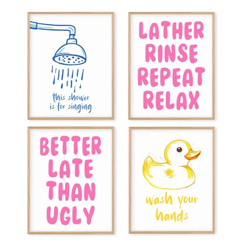 Image of Boat Wades Blue and Pink Bathroom Wall Art Prints Set of 4, Watercolor Shower Head Yellow Baby Duck Posters Pictures Wall Decor for Kids Girls Bathroom Washroom Restroom Toilet, 8x10 Unframed