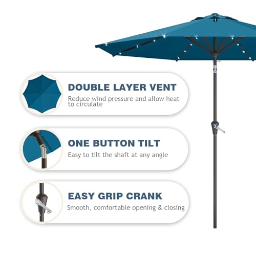Image of 9FT Patio Umbrella with Solar Lights,Outdoor Market Umbrella with Tilt and Crank, LED Lighted Table Umbrella for Garden,Deck,Backyard,Pool,Beach (Lake Blue)