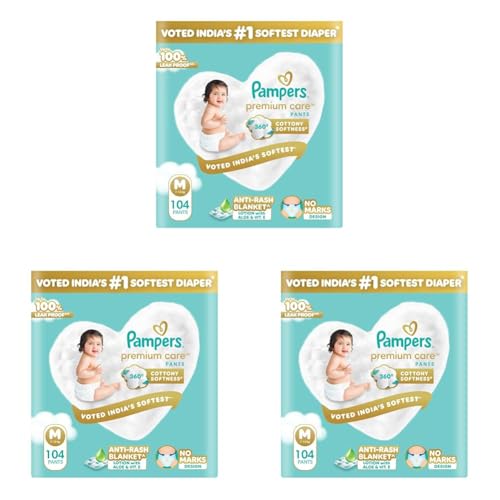 Image of Pampers Premium Care Pant Style Baby Diapers M 104 Count | No Marks Design | Voted India's #1 Softest Diaper | All in 1 diaper with 360 Cottony Softness (Pack of 3)