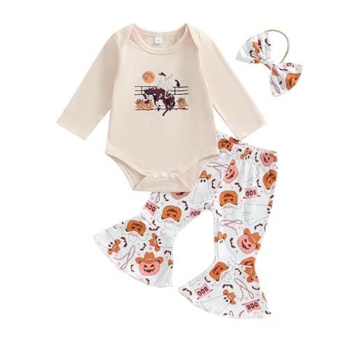 Image of Rarjuiey Newborn Baby Girl Halloween Outfits Western Long Sleeve Pumpkin Romper Bell Bottoms Headband 3Pcs Fall Clothes Set
