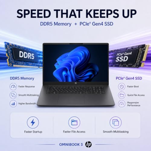 Image of HP OmniBook 3 Business Laptop, 2026 Edition, 17.3 inch FHD IPS Micro-Edge Display, Intel Core Ultra 7, 16GB DDR5 RAM, 1TB PCIe SSD, Backlit Keyboard, Wi-Fi 7, Thin & Lightweight, Windows 11