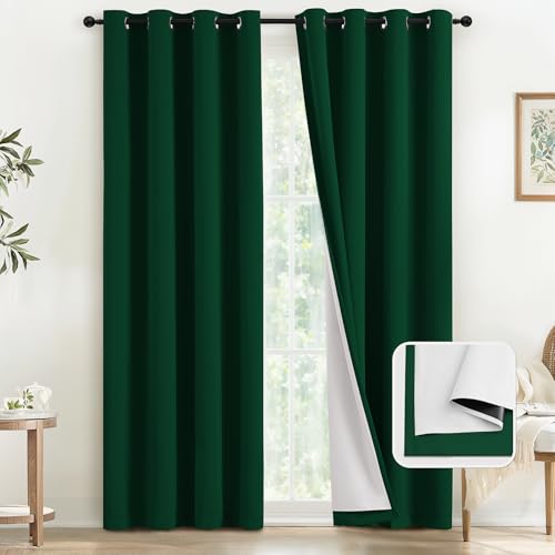 Image of COSVIYA Drak Green 100% Blackout Curtains for Bedroom with White Back | 2 Thick Layers Full Room Darkening Thermal Insulated Curtain,Grommet Window Drapes for Living Room, 52x84 Inch, 2 Panels