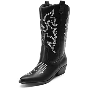 DREAM PAIRS Women's Cowboy Boots Pull On Cowgirl Boots Mid Calf Western Boots, Available in Regular and Wide Calf 6 Wide Black-pu