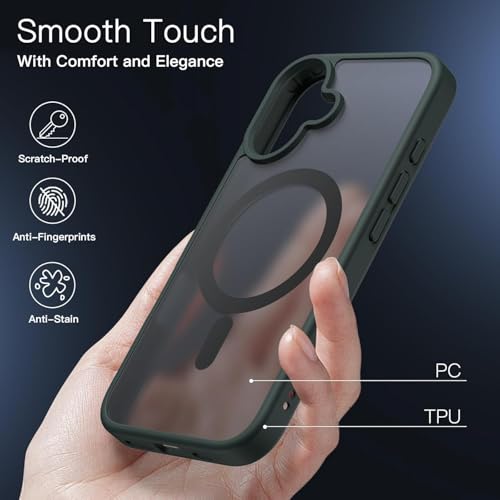 Image of VONZEE Magnetic Case Compatible with iPhone 16, MagSafe Compatible Translucent Matte Shockproof Protective Phone Cover, Slim Anti-Scratch Back Case for Men & Women, Green