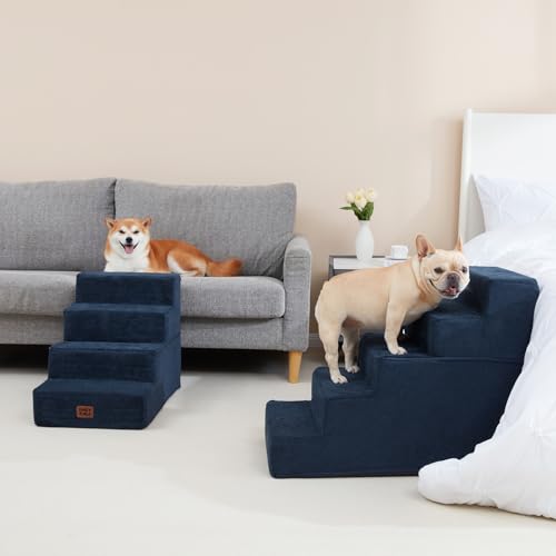 Image of EHEYCIGA Dog Stairs for Bed 25 inch H, 5-Step Extra Wide Dog Steps for High Bed, Pet Steps for Small Dogs and Cats, Non-Slip Balanced Pet Ramp Indoor, Navy Blue