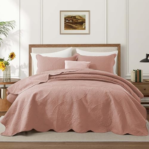IR Imperial Rooms King Quilt Bedding Set Size (106" x 96") + 2 Pillow Shams (20" x 36"+ 2") - 3 Pcs All Season Lightweight Reversible Microfiber Coverlet Floral Embossed Quilt Bedspread (Baby Pink)