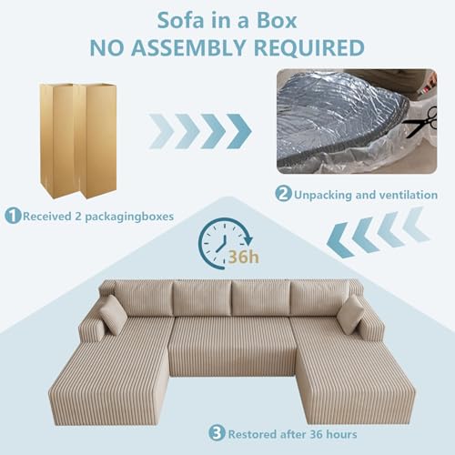 Image of 124 inch Cloud Sectional Couch,Modern U-Shaped Boneless Couch with Deep Seat,Comfy Corduroy Sofa,Memory Foam Sofa for Living Room,No Assembly Required (Camel)