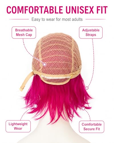 Image of Rose bud Anime Halloween Hot Pink Wig for Cosplay Party Synthetic Layered Short Hair Wigs with Fringe Pastel Funny Wigs for Women Men
