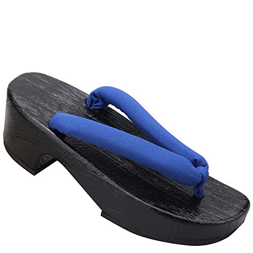 [osseoca] レディース 下駄 鼻緒 ガールズ 痛くなりにくい 黒台 桐下駄 げた 浴衣 ゆかた 夏祭り (黒台-青鼻緒, measurement_25_point_0_centimeters)