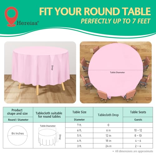 Hereisa Light Pink Round Disposable Plastic Tablecloth 84 Inch [10-Pack] - Bulk Waterproof Party Supplies, Easy Cleanup