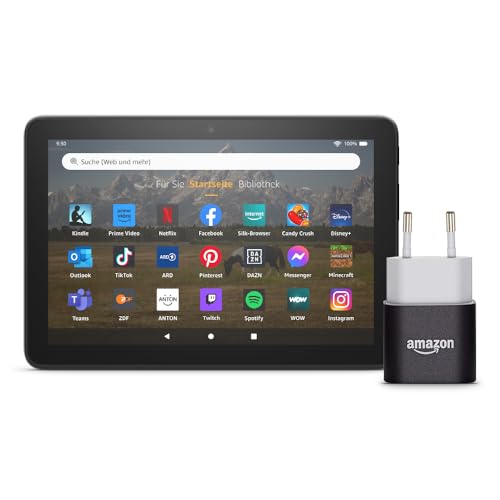 Amazon Fire HD 8-Tablet (32 GB, schwarz, mit Werbung) + Amazon 5-W-USB-Ladegerät und Netzteil