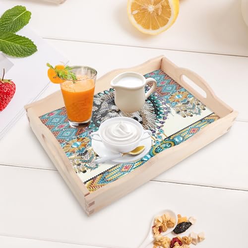 Image of DIY Diamond Art Tray with Handle Diamond Art Painting Plate Creative Design Handmade Wooden Tray Mosaic Making Kits by Number Kits Diamond Art for Coffee Living Room Home Organizer (Dreamcatcher Wolf)