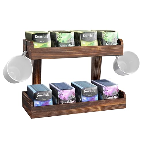 2 Niveles Organizador de Bolsa de Té para El Mostrador, Soporte de Teabag de Madera con Tabiques Ajustables y 2 Ganchos, Organizador de Bolsa de Té de Almacenamiento para La Oficina, Cocina (2 Tire)