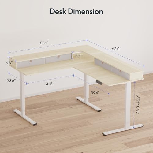 Image of FLEXISPOT 63 inch L Shaped Standing Desk with Shelf Electric Corner Table, Drawers, Adjustable Computer Workstation for Home, Office, 63x55in, Light Maple Top + White Frame