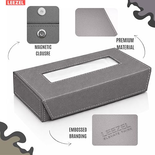 Image of LEEZEL| Tissue Box Holder with 100 Pulls Cotton Rags Tissue | Handcrafted Fine Leather - Like Finish | for Gifting, Office Desks, Cars & Home Decor | Durable & Water Resistant. (Light Grey)