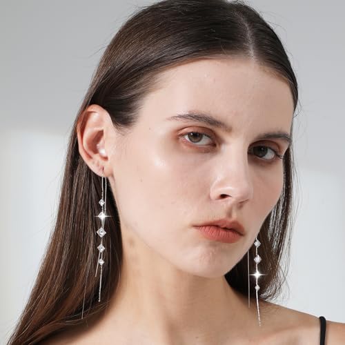 Ritach Silver Dangle Earrings for Women Long Silver Threader Prom Earrings Sparkly Dangle Drop Cubic Zirconia Jewelry for Gifts3