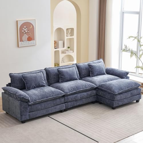 Image of Oprisen 120 inch Modular Sectional Sofa, Comfy Cloud Couch Sectional Sofa with Ottoman, Chenille Sofa Sleeper Deep Seat Sofa with Throw Pillows for Living Room (Blue, 120 inch- L Shape)