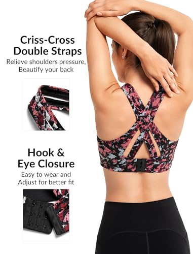 Image of Yvette Women High Impact Sports Bras Criss Cross Back Sexy Running Bra for Plus Size, Red Printed, 2XL(DF)